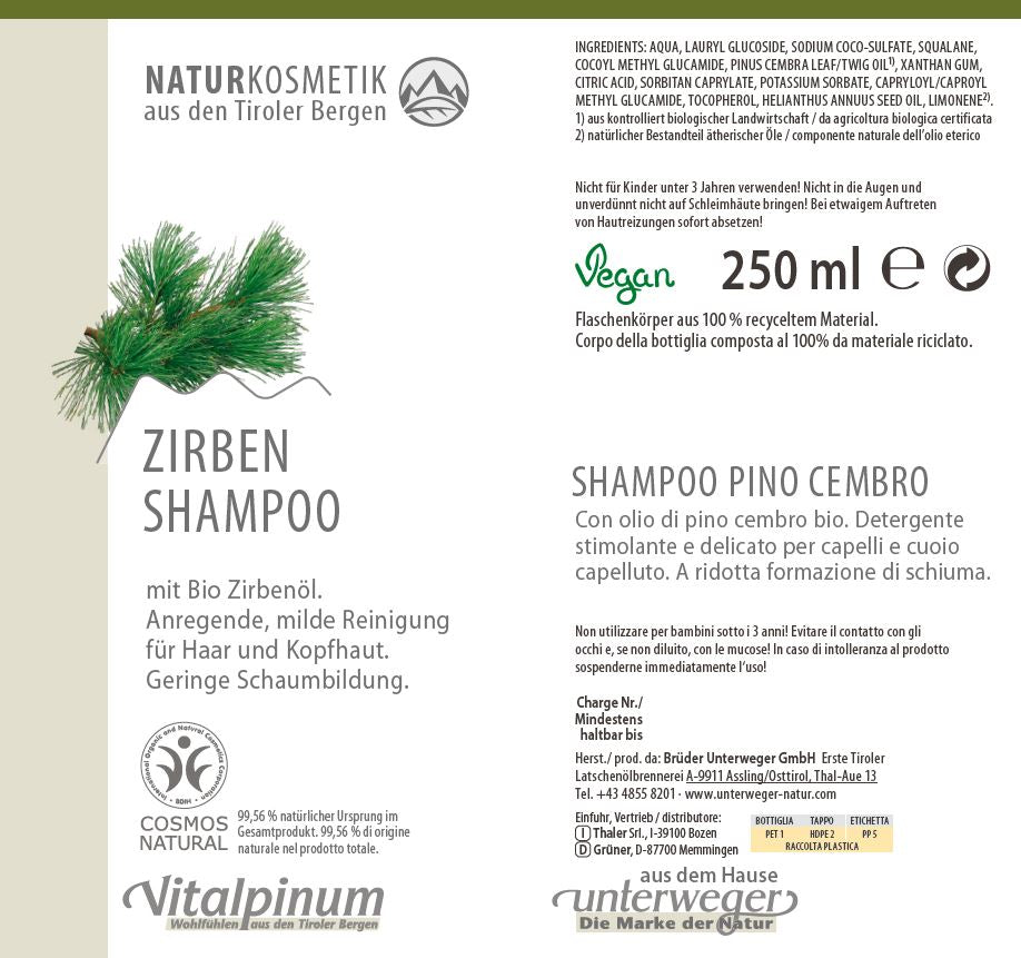 Unterweger Zirben Shampoo 235ml – Naturkosmetik mit Bio-Zirbenöl & alpinem Duft für sanfte Haarpflege