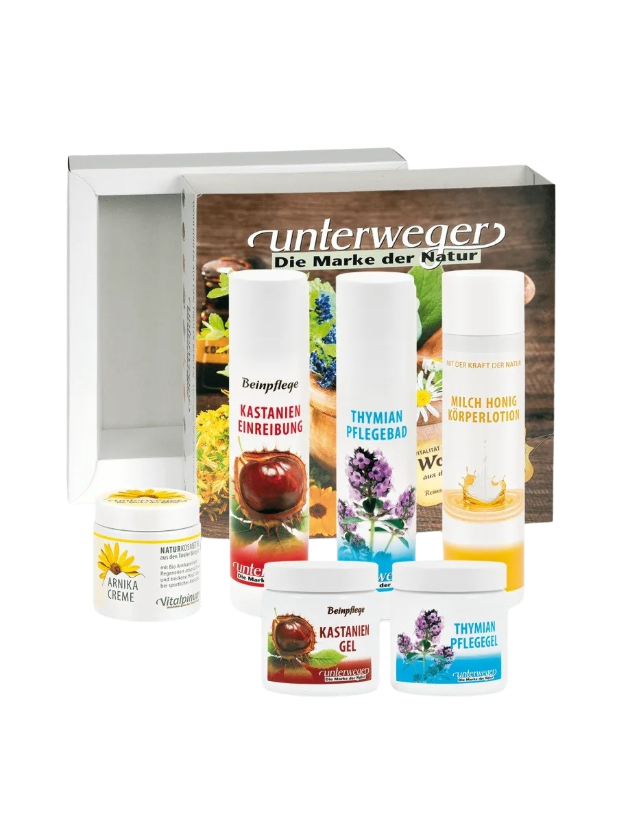 Unterweger Pflege Geschenkbox – Naturkosmetik-Set mit Kastanie, Arnika, Thymian & Honig zur Pflege von Muskeln & Haut