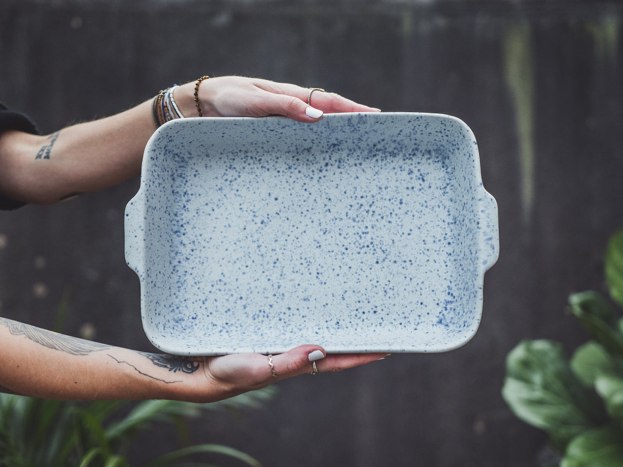 soñho Azul Manchado Ofenform gross blauweiss gesprenkelt