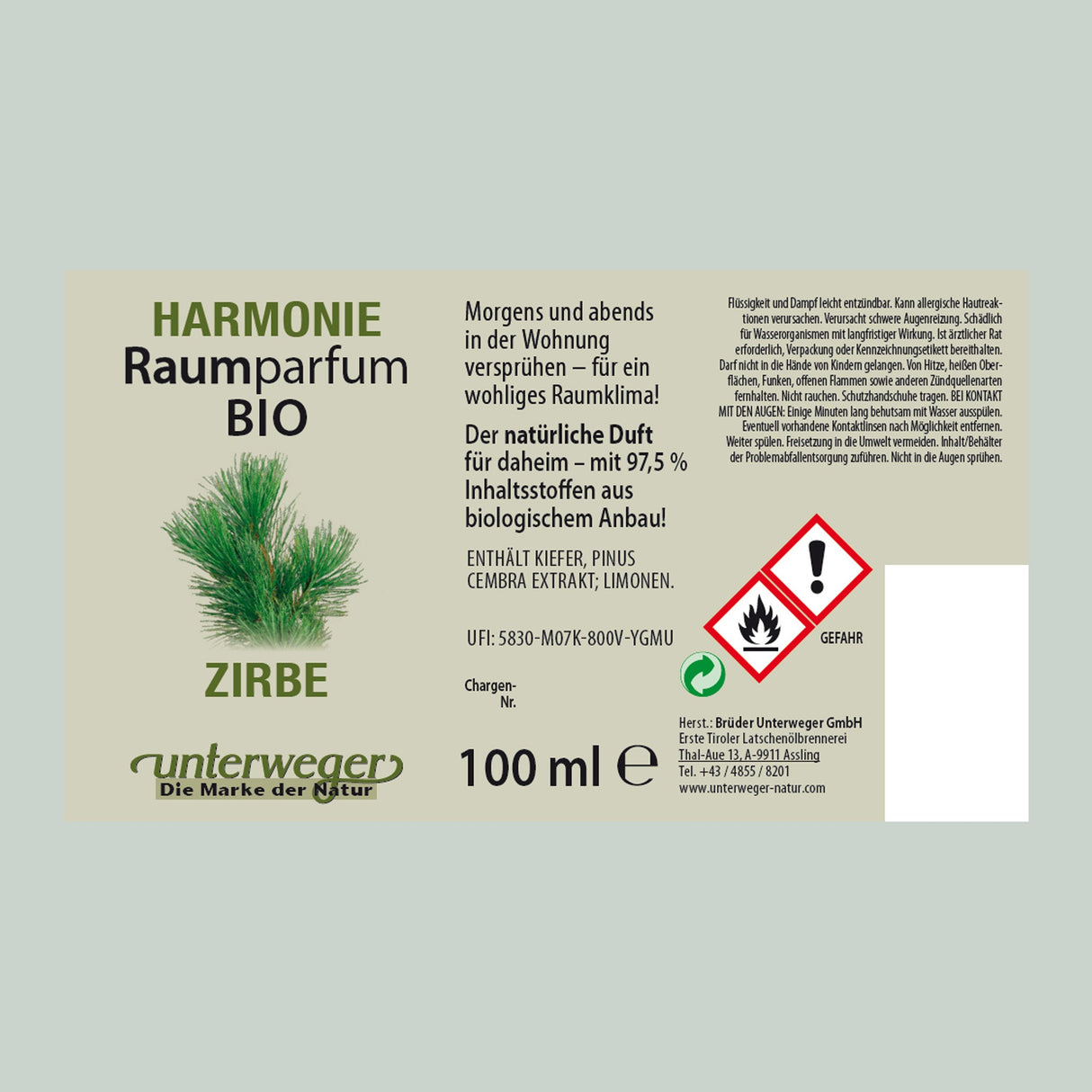 BIO Raumparfum Zirbe Unterweger – Raumduft Waldduft Natur