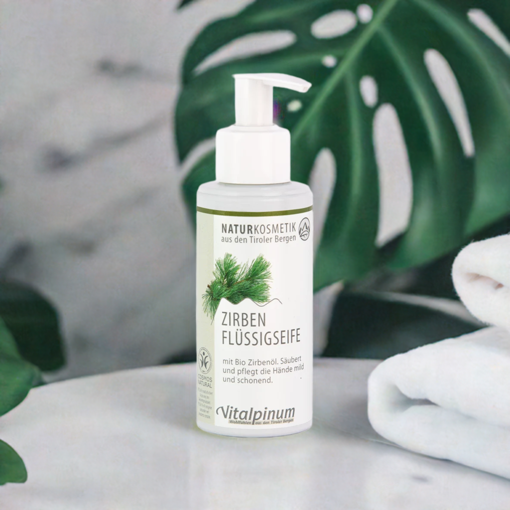 Unterweger Zirben Flüssigseife 140 ml – Naturkosmetik mit Bio-Zirbenöl für milde Reinigung & alpinen Duft
