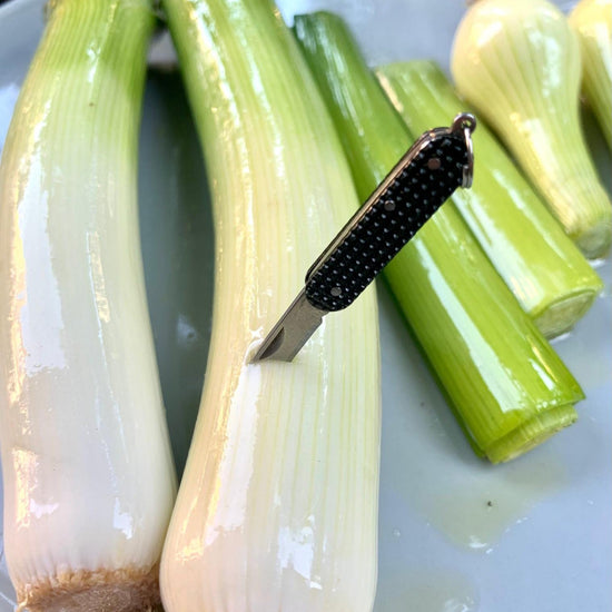 Mini Taschenmesser, ausgeklappt, in Lauch steckend