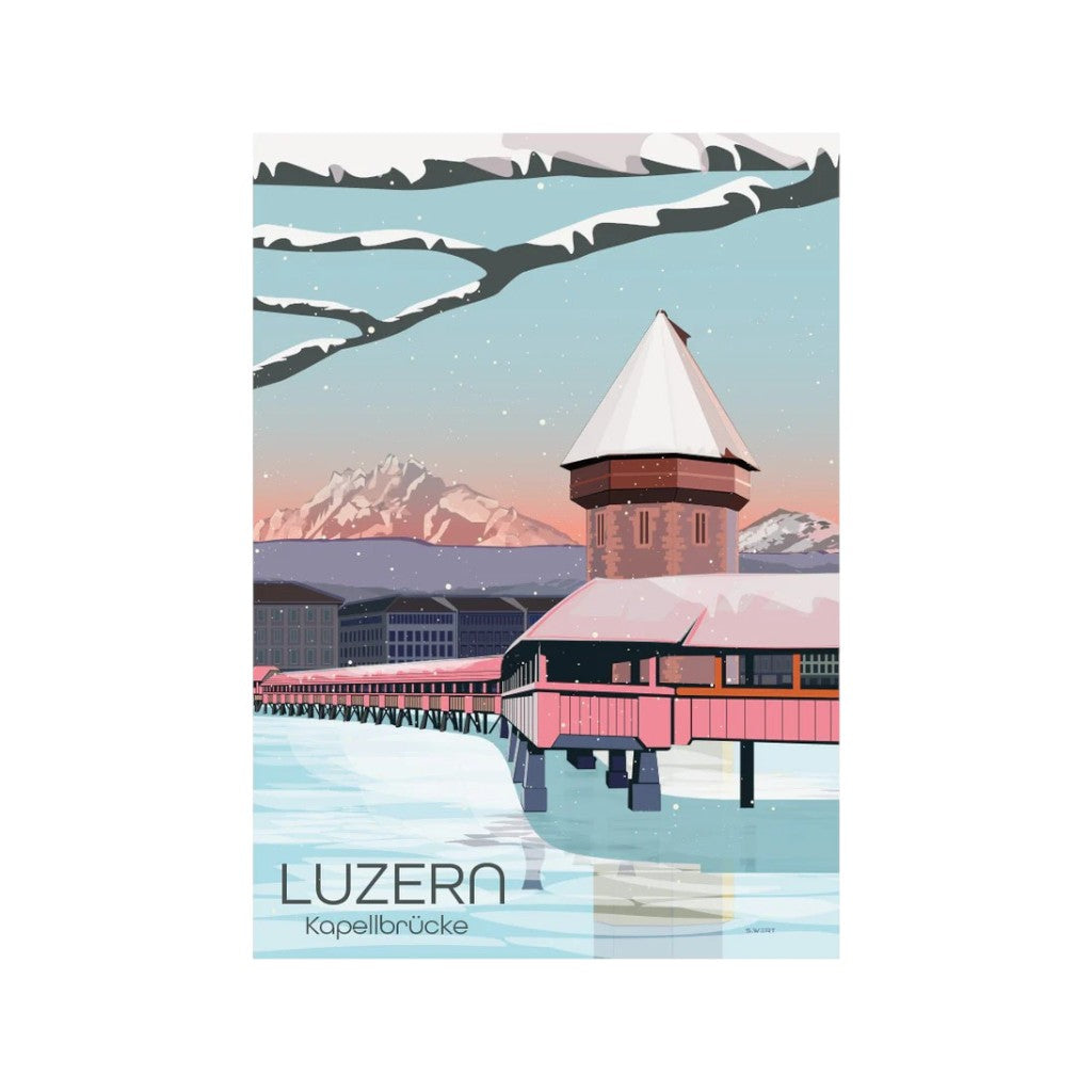 s.wert Postkarte Luzern Kapellbrücke Winterzauber