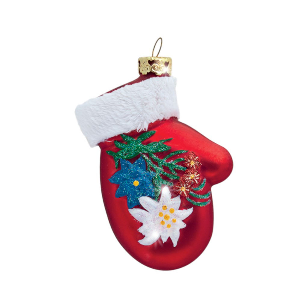 Glas Ornament Handschuh mit Edelweiss und Enzian