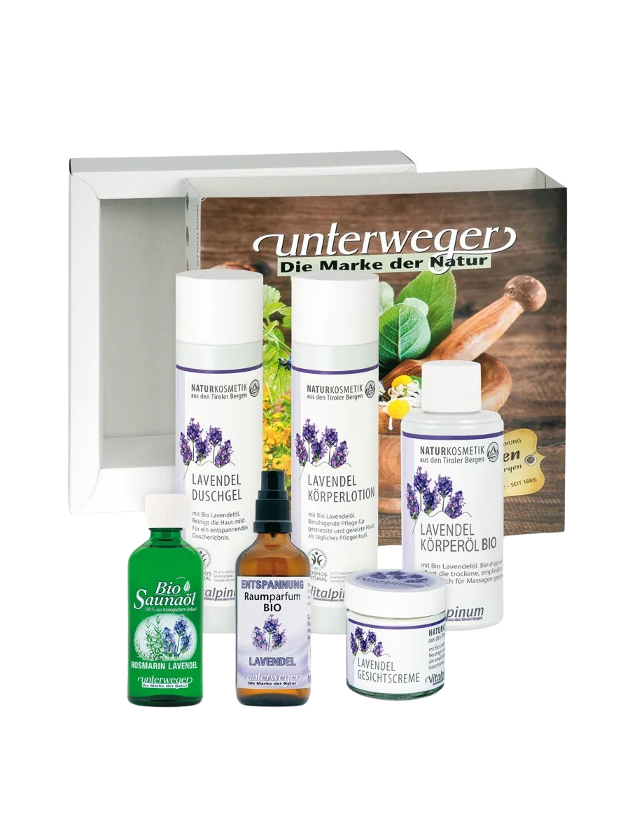 Unterweger Wohlfühl-Geschenkbox Lavendel & Rosmarin – Naturkosmetik-Set mit ätherischen Ölen für entspannende & belebende Pflege