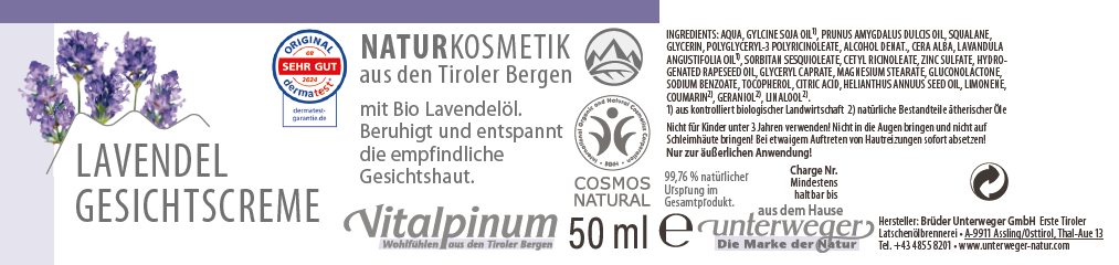 Unterweger Lavendel Gesichtscreme 50ml – Naturkosmetik mit ätherischem Lavendelöl für empfindliche & sensible Haut