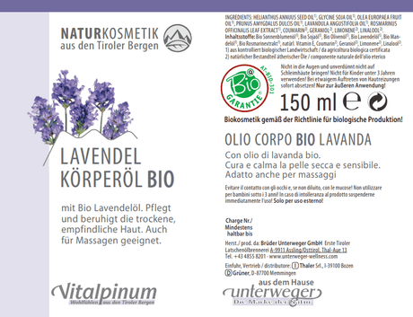 Bio Lavendel Körperöl Unterweger – zertifizierte Biokosmetik mit Bio Lavendelöl für empfindliche & trockene Haut