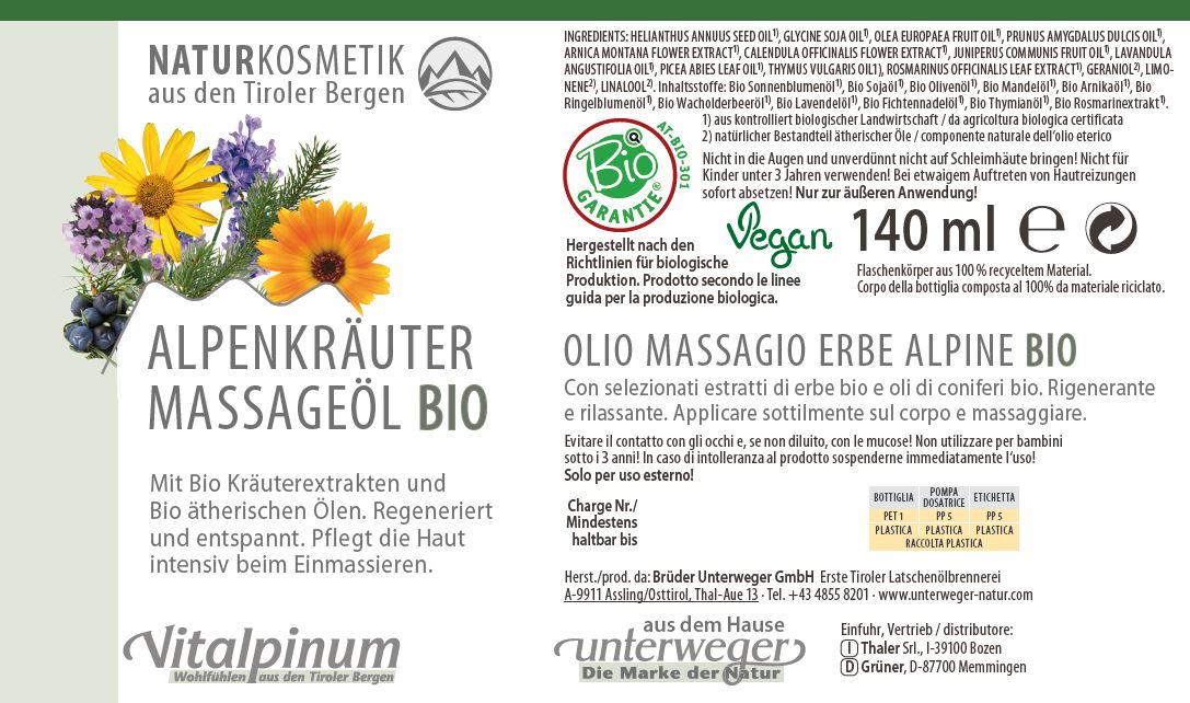 Alpenkräuter Massageöl Unterweger – Biokosmetik mit Arnika, Fichte & Wacholder