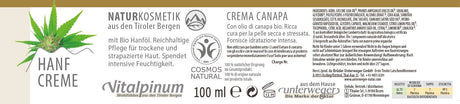 Unterweger Hanf Pflegecreme 100ml – Naturkosmetik mit Hanföl zur intensiven Feuchtigkeitspflege trockener & empfindlicher Haut