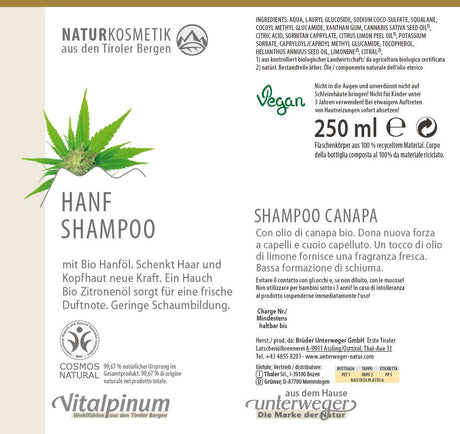 Unterweger Hanf Shampoo 235ml – Naturkosmetik mit Hanföl & Zitronenöl zur Pflege von Haar & empfindlicher Kopfhaut