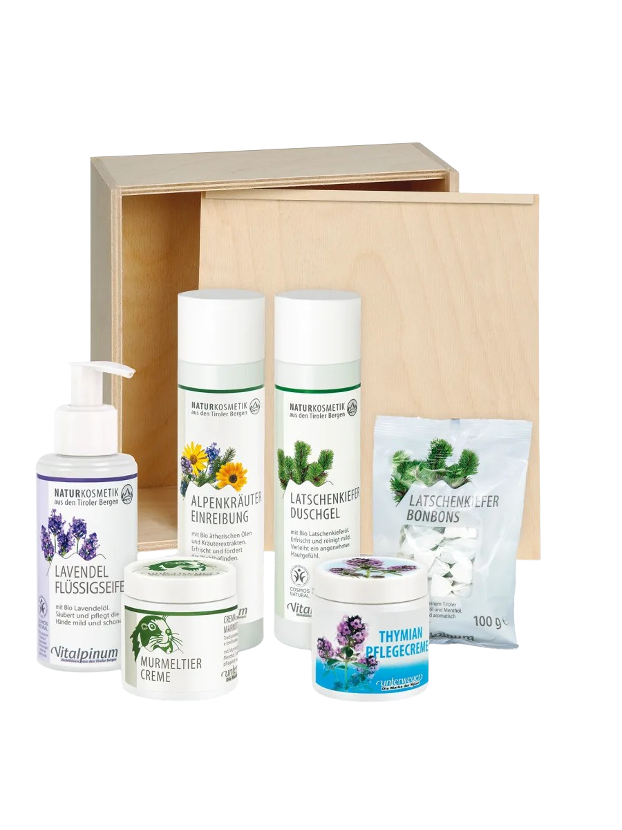 Unterweger Geschenkkistchen Alpenpflege – Naturkosmetik-Set aus Tirol mit Kräuterpflege für Körper & Sinne