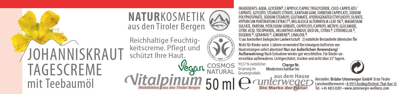 Unterweger Tagescreme 50ml – mit Teebaumöl & Bio-Johanniskraut für schützende & feuchtigkeitsspendende Naturkosmetik-Gesichtspflege