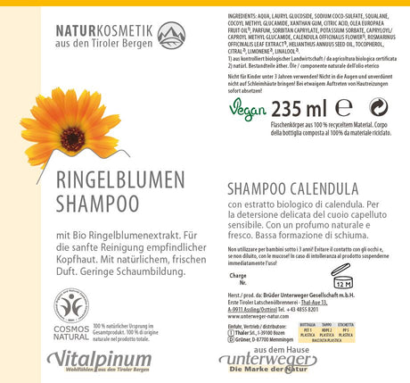 Ringelblumen Shampoo Unterweger – Naturkosmetik mit Calendula für empfindliche & gereizte Kopfhaut