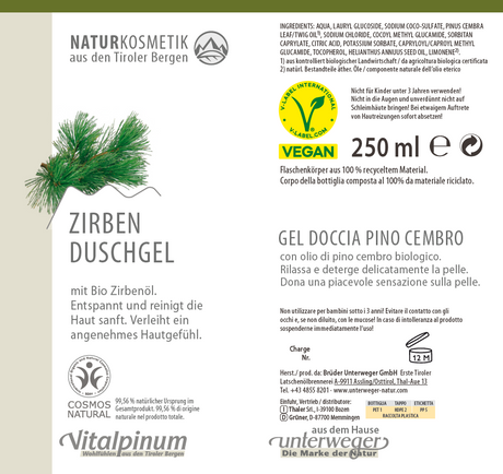 Unterweger Zirben Duschgel 250ml | Naturkosmetik mit Bio-Zirbenöl