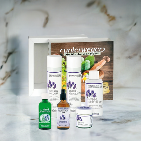 Unterweger Wohlfühl-Geschenkbox Lavendel & Rosmarin – Naturkosmetik-Set mit ätherischen Ölen für entspannende & belebende Pflege